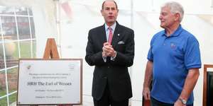 Prince Edward Unveils The Official Plaque With Francis Ball Chairman Of Bridge Community Wellness Gardens And Farm